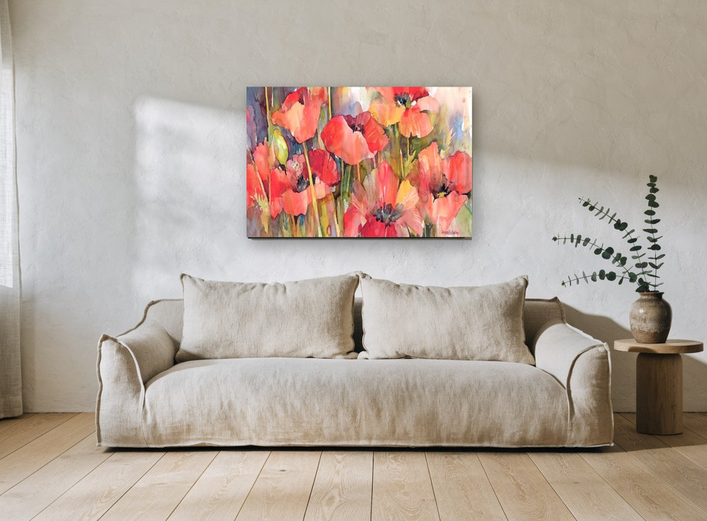 Poppy Field Glow floral canvas print on the wall of a living room