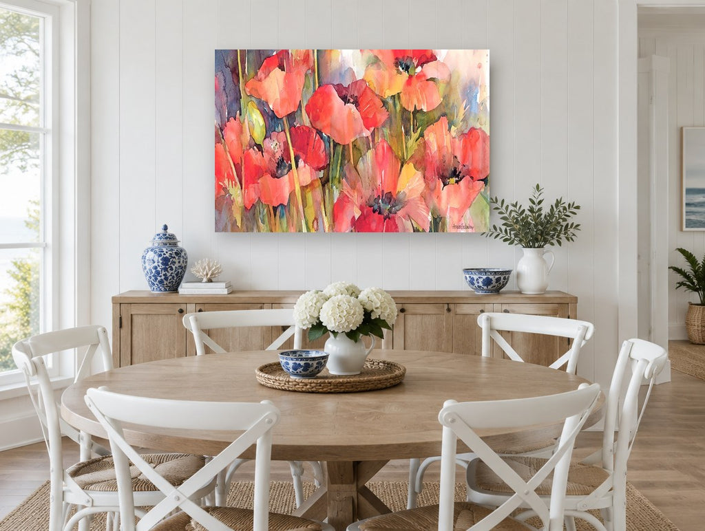 Poppy Field Glow floral canvas print on the wall of a Hamptons dining room