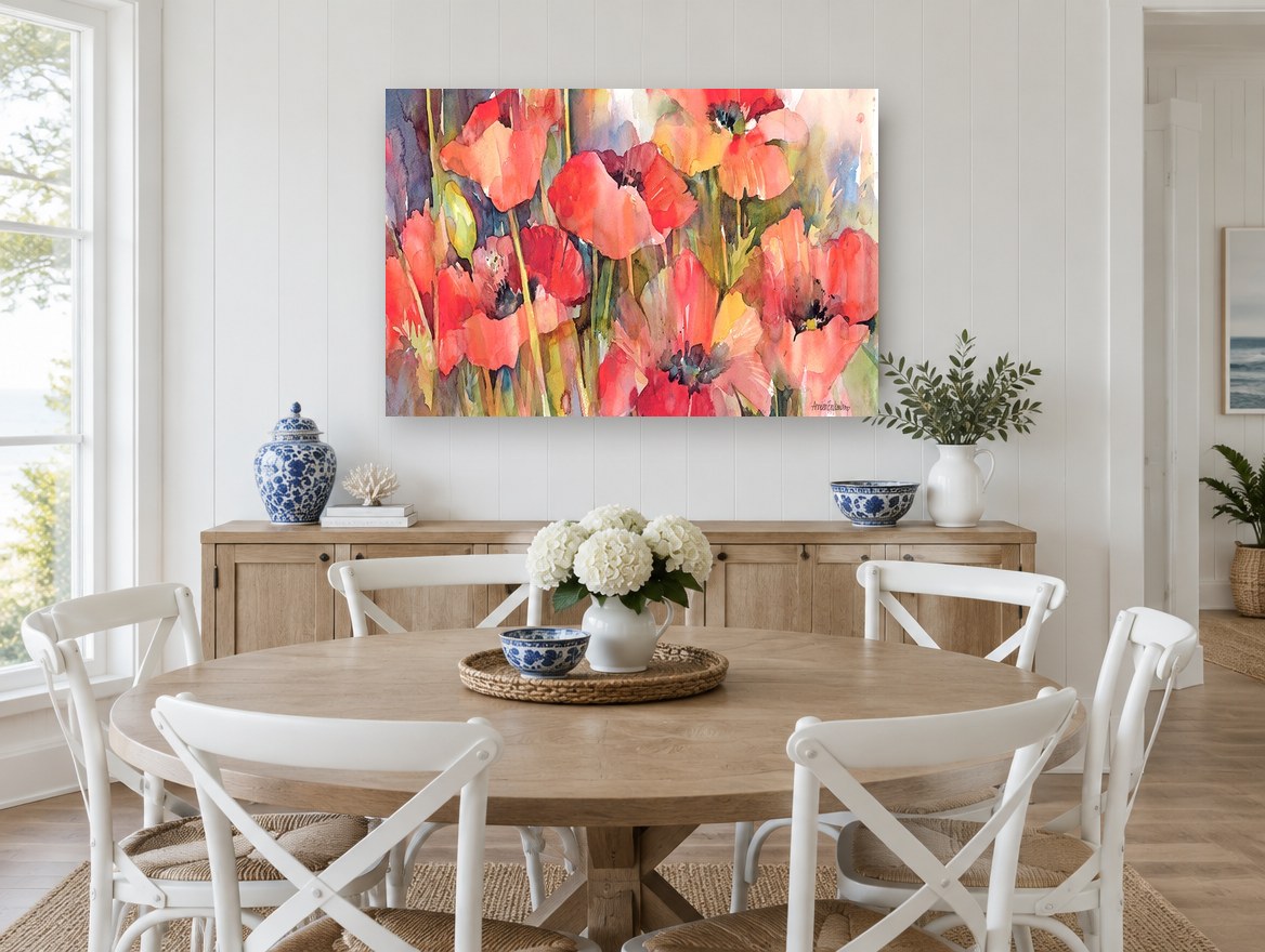 Poppy Field Glow floral canvas print on the wall of a Hamptons dining room