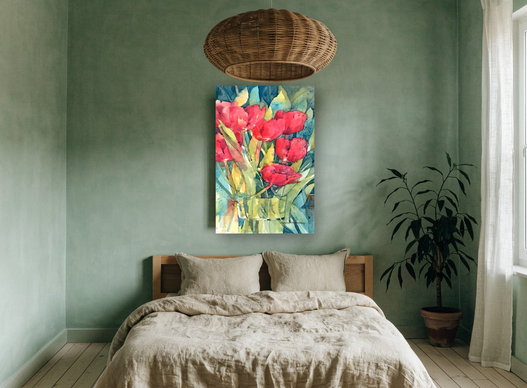 Red Tulips in Glass floral canvas print on the wall of a bedroom