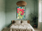 Red Tulips in Glass floral canvas print on the wall of a bedroom