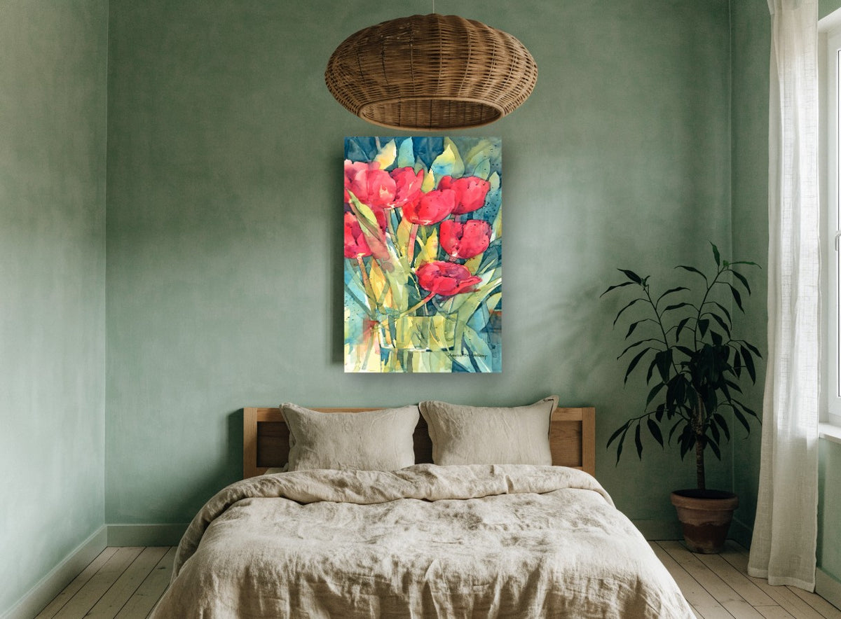 Red Tulips in Glass floral canvas print on the wall of a bedroom