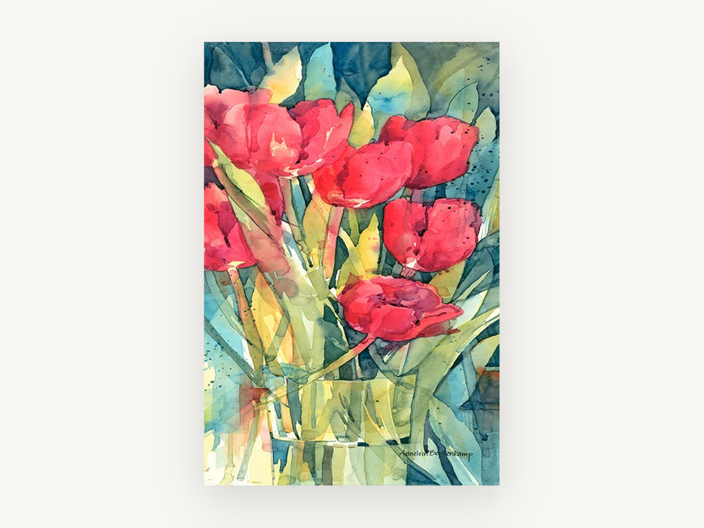 Red Tulips in Glass, floral canvas wall art print, front view