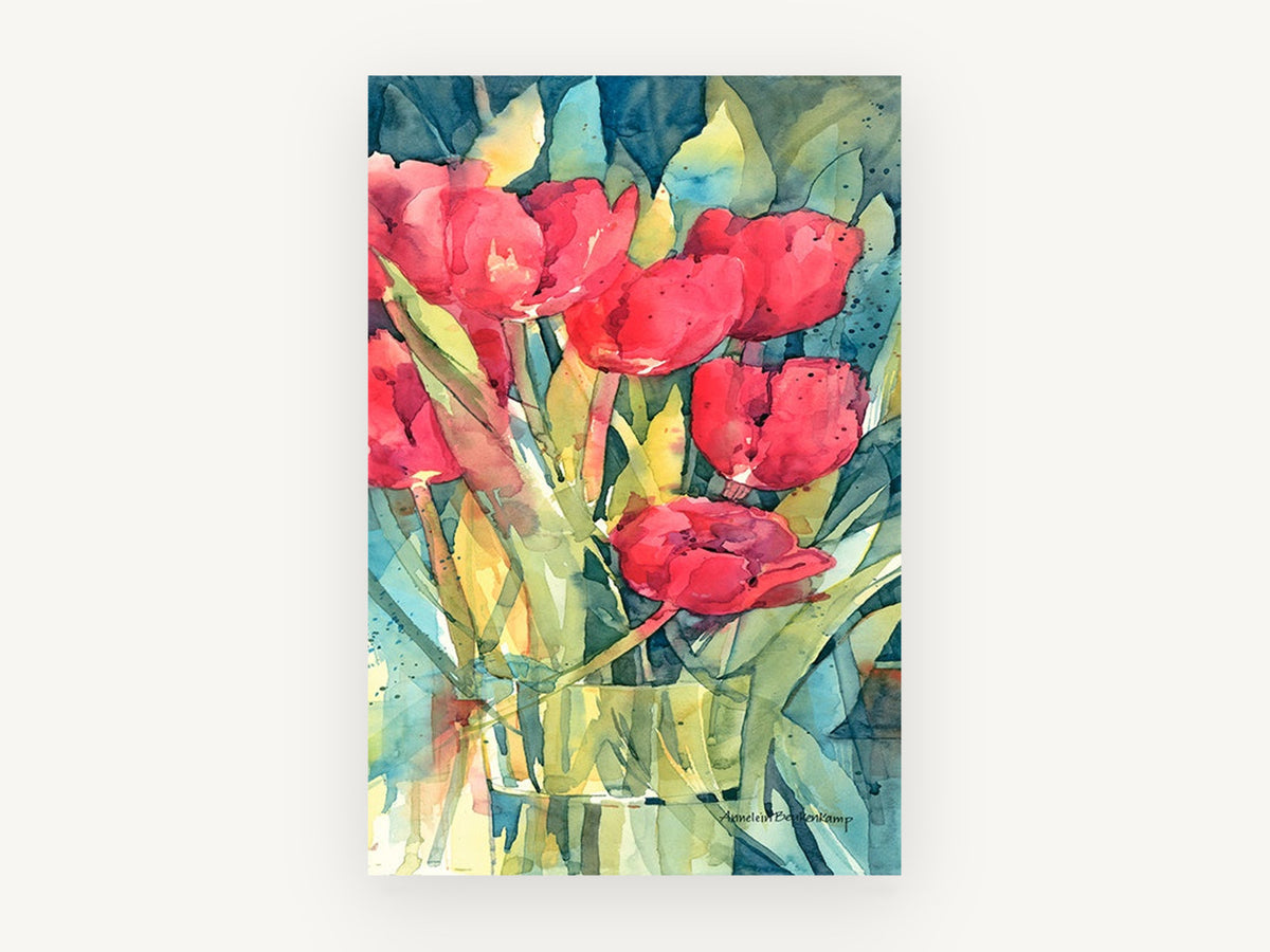 Red Tulips in Glass, floral canvas wall art print, front view