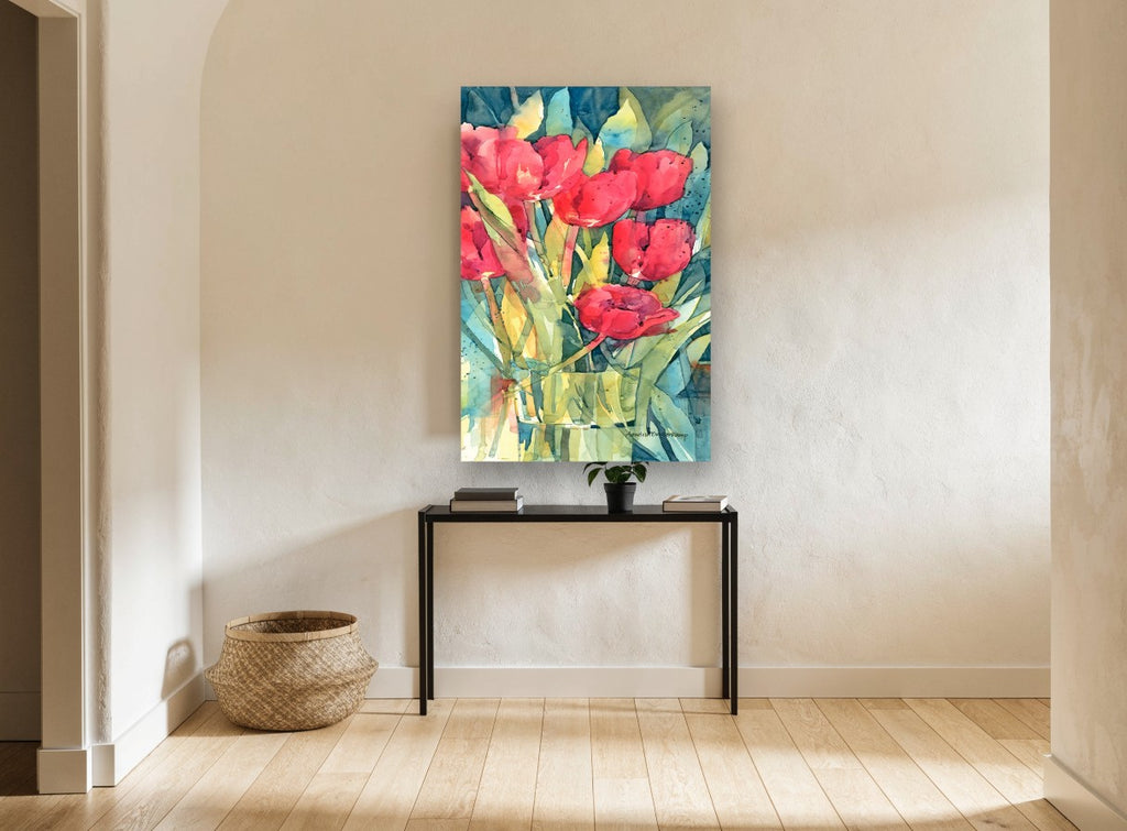 Red Tulips in Glass floral canvas print on the wall of a hallway