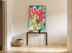 Red Tulips in Glass floral canvas print on the wall of a hallway
