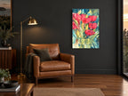 Red Tulips in Glass floral canvas print on the wall of a charcoal living room
