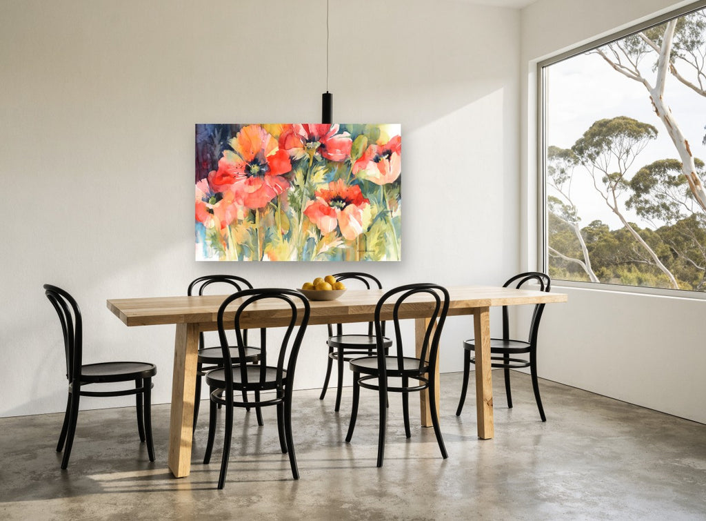 Poppy Glow floral canvas print on the wall of a dining room
