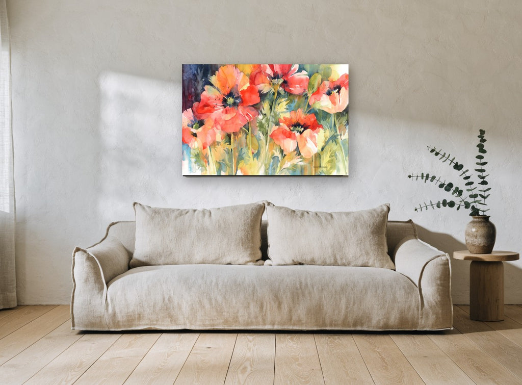 Poppy Glow floral canvas print on the wall of a living room