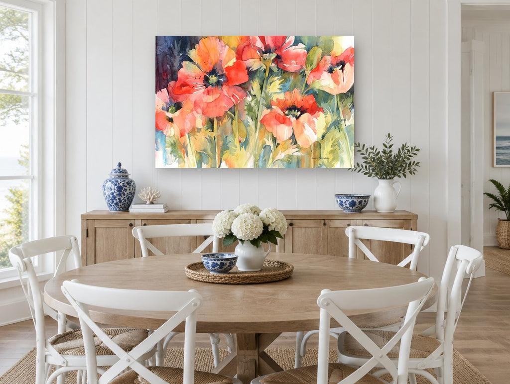 Poppy Glow floral canvas print on the wall of a Hamptons dining room