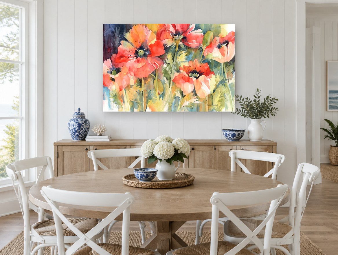 Poppy Glow floral canvas print on the wall of a Hamptons dining room
