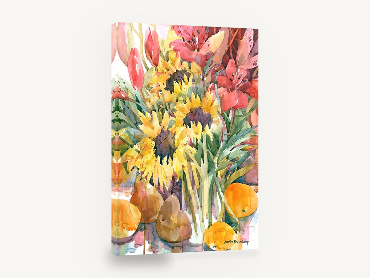 Sunflowers, Lilies and Fruit, sunflowers lilies pears oranges watercolour, floral canvas wall art print ready to hang