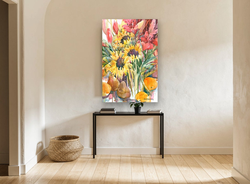Sunflowers, Lilies and Fruit floral canvas print on the wall of a hallway