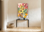 Sunflowers, Lilies and Fruit floral canvas print on the wall of a hallway