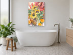 Sunflowers, Lilies and Fruit floral canvas print on the wall of a bathroom