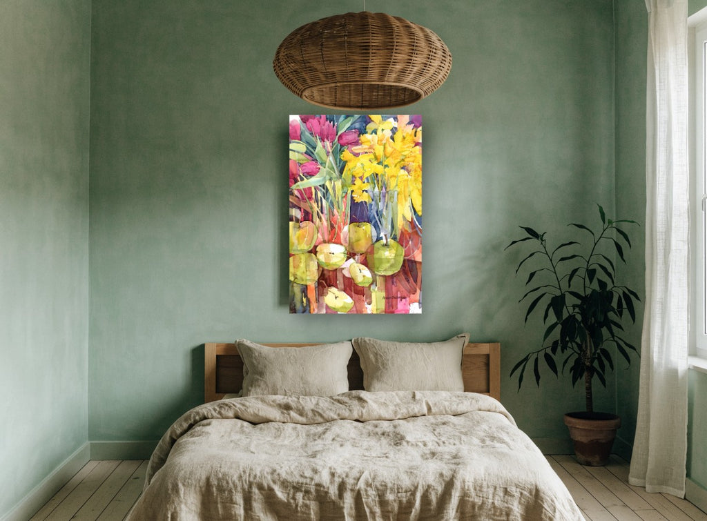 Tulips Daffodils and Apples floral canvas print on the wall of a bedroom
