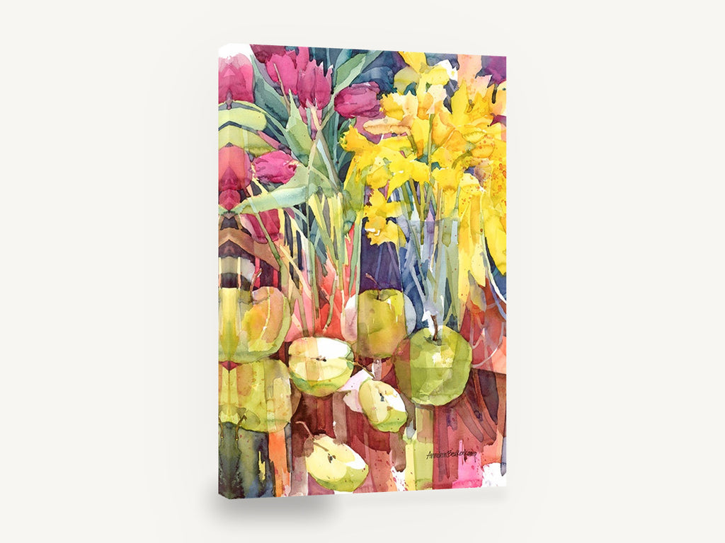 Tulips Daffodils and Apples, tulips daffodils apples watercolour still life, floral canvas wall art print ready to hang