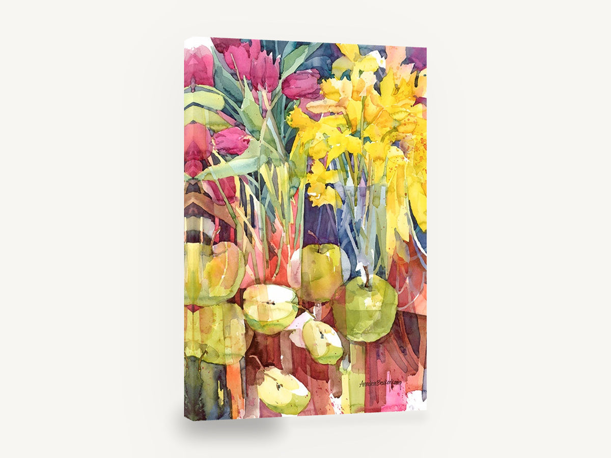 Tulips Daffodils and Apples, tulips daffodils apples watercolour still life, floral canvas wall art print ready to hang