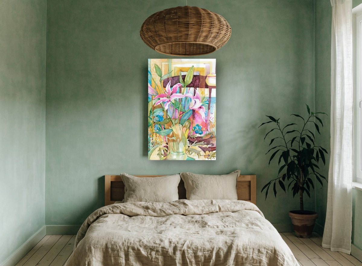 Stargazer Lilies Interior floral canvas print on the wall of a bedroom