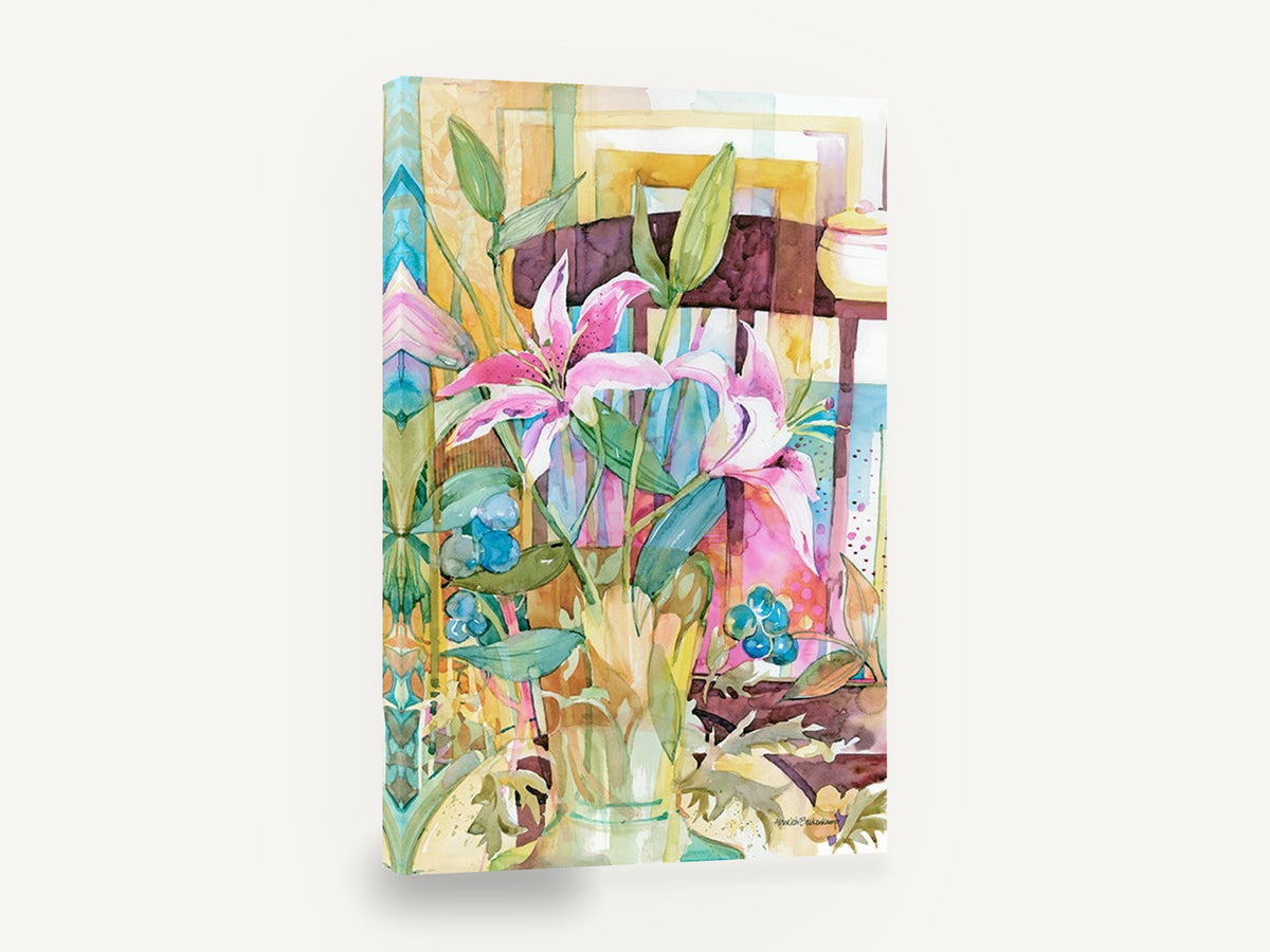 Stargazer Lilies Interior, pink stargazer lily watercolour still life, floral canvas wall art print ready to hang