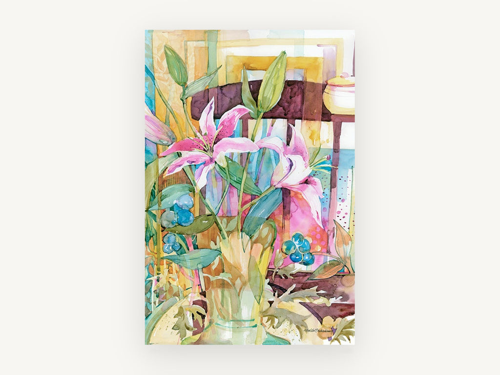 Stargazer Lilies Interior, floral canvas wall art print, front view