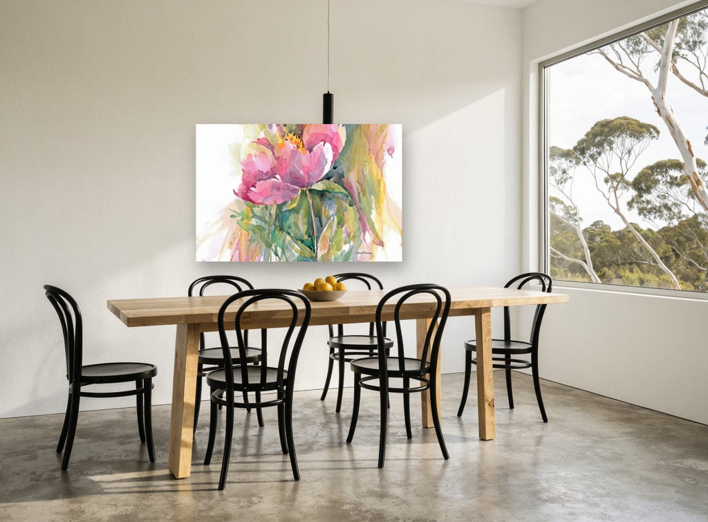 Blushing Peony Study floral canvas print on the wall of a dining room
