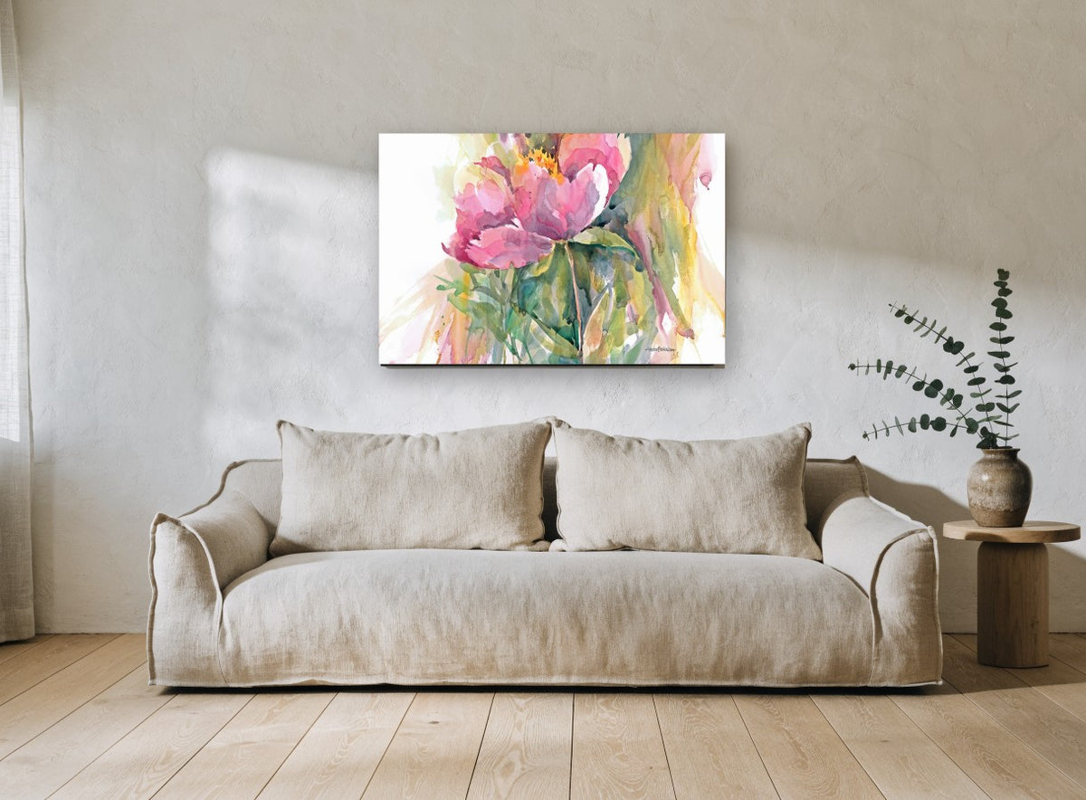 Blushing Peony Study floral canvas print on the wall of a living room