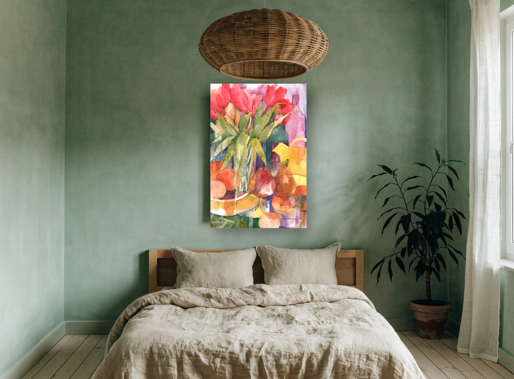 Tulips and Pears Tabletop floral canvas print on the wall of a bedroom
