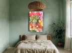 Tulips and Pears Tabletop floral canvas print on the wall of a bedroom