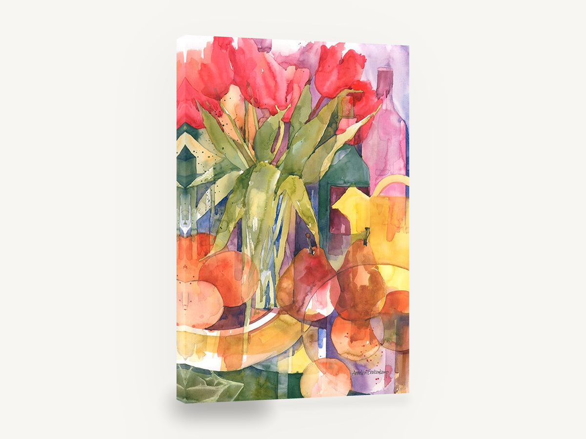 Tulips and Pears Tabletop, red tulips pears watercolour still life, floral canvas wall art print ready to hang