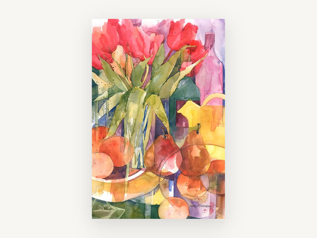 Tulips and Pears Tabletop, floral canvas wall art print, front view