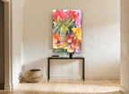 Tulips and Pears Tabletop floral canvas print on the wall of a hallway