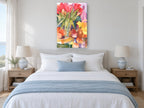 Tulips and Pears Tabletop floral canvas print on the wall of a coastal bedroom