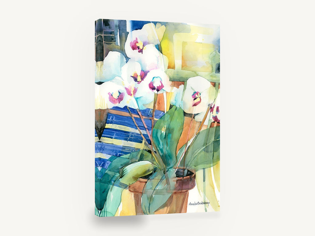 White Orchids on Blue, white orchids watercolour floral still life, floral canvas wall art print ready to hang