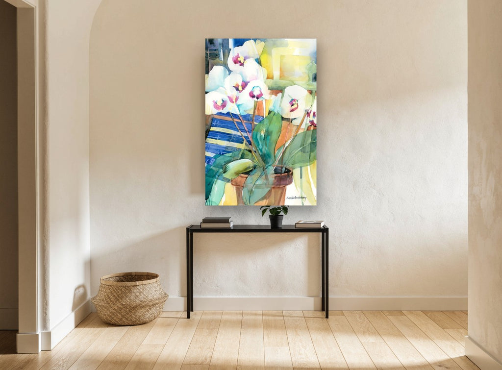 White Orchids on Blue floral canvas print on the wall of a hallway