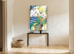 White Orchids on Blue floral canvas print on the wall of a hallway