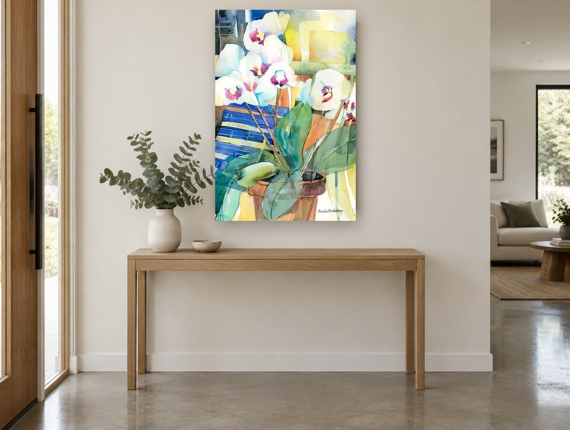 White Orchids on Blue floral canvas print on the wall of a entry hall