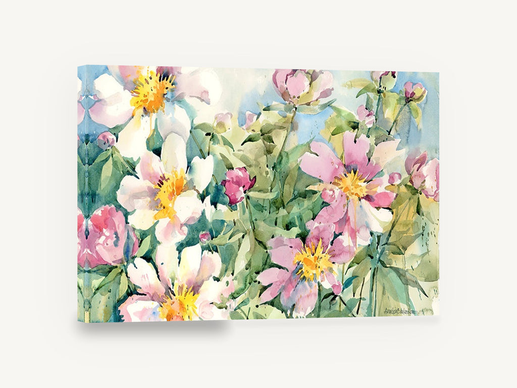 Garden Peony Burst, pink peony watercolour floral garden, floral canvas wall art print ready to hang