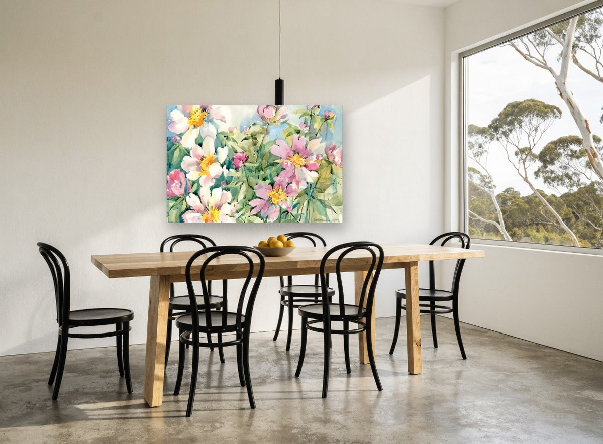Garden Peony Burst floral canvas print on the wall of a dining room