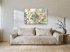 Garden Peony Burst floral canvas print on the wall of a living room