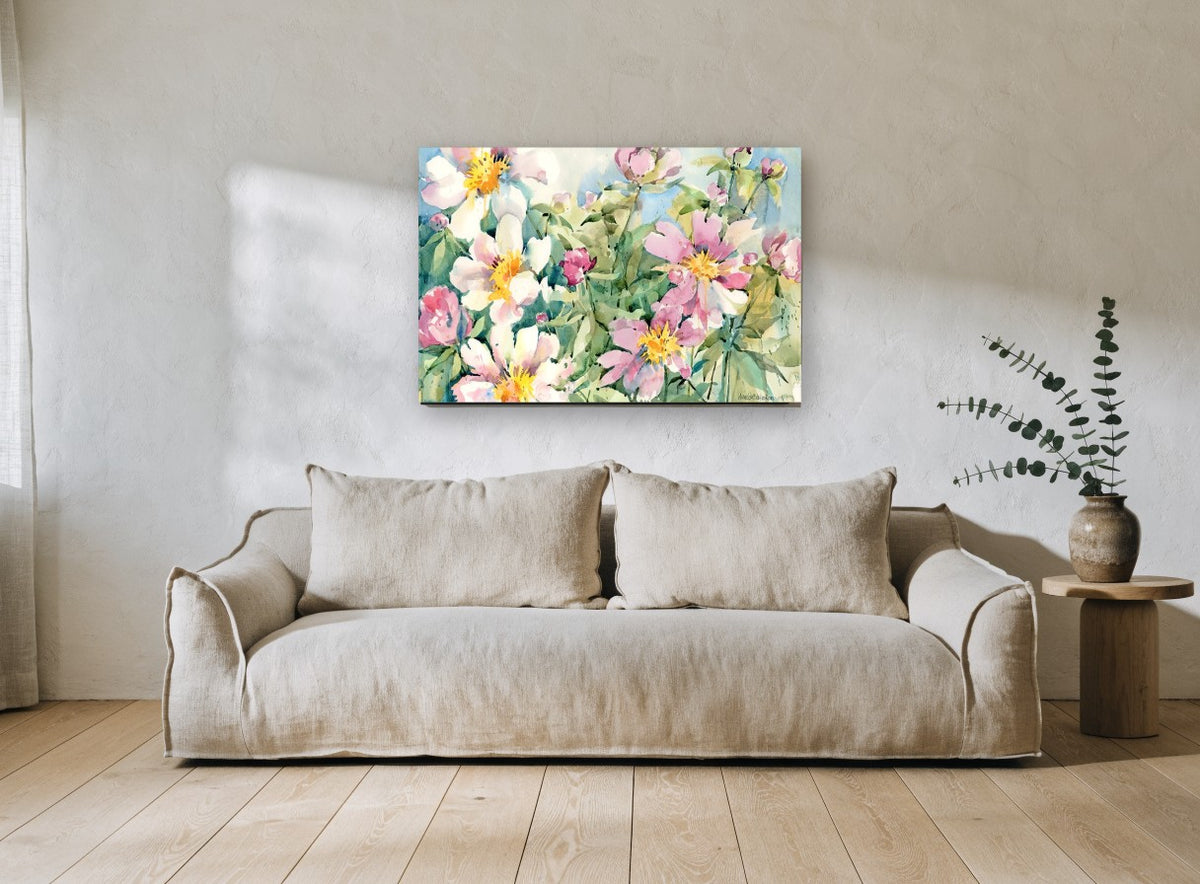 Garden Peony Burst floral canvas print on the wall of a living room