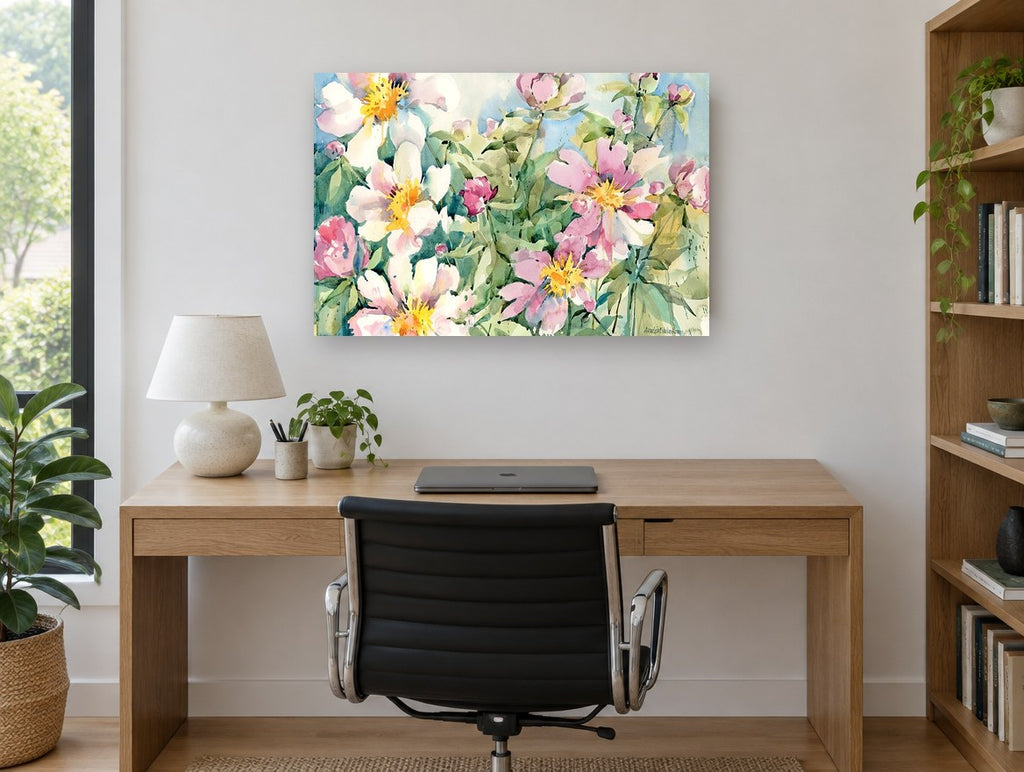 Garden Peony Burst floral canvas print on the wall of a study