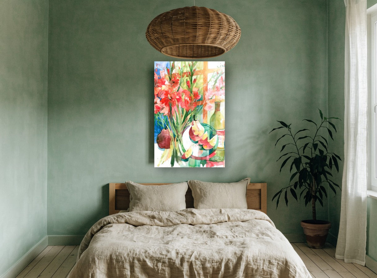 Gladioli and Pears floral canvas print on the wall of a bedroom