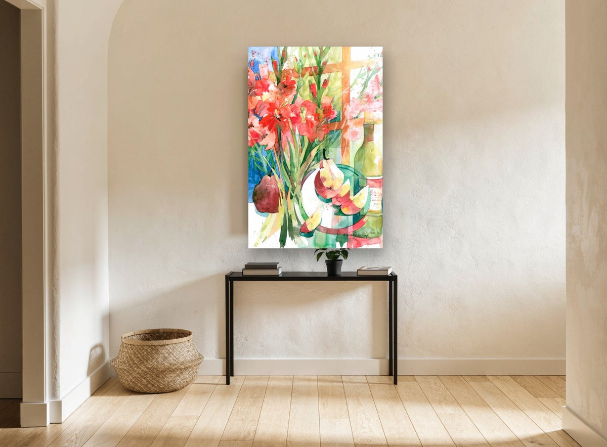 Gladioli and Pears floral canvas print on the wall of a hallway