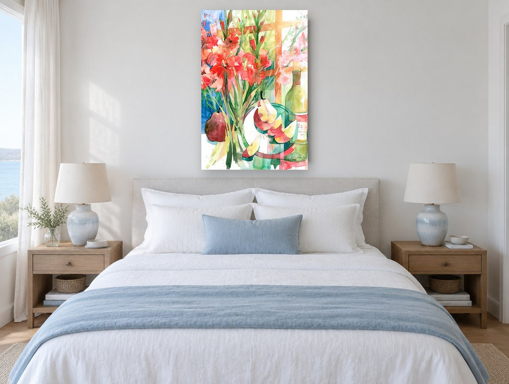 Gladioli and Pears floral canvas print on the wall of a coastal bedroom