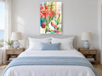 Gladioli and Pears floral canvas print on the wall of a coastal bedroom