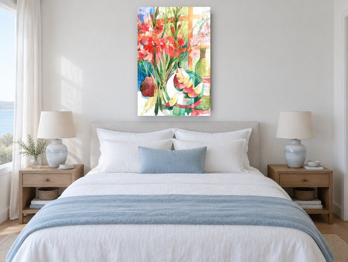 Gladioli and Pears floral canvas print on the wall of a coastal bedroom