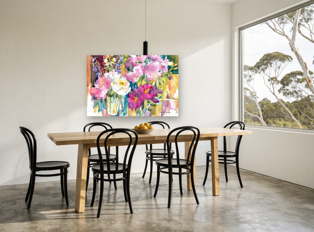 Peony Bouquet Drips floral canvas print on the wall of a dining room