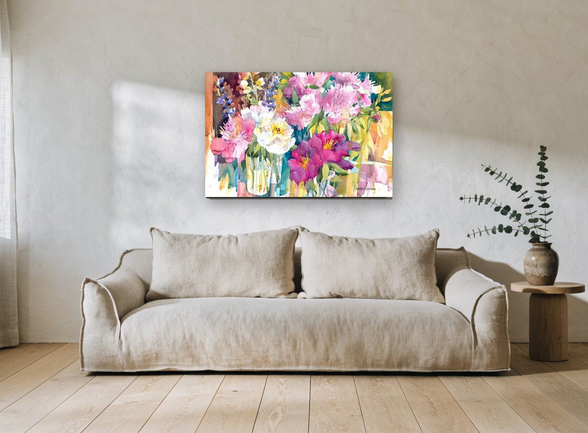 Peony Bouquet Drips floral canvas print on the wall of a living room
