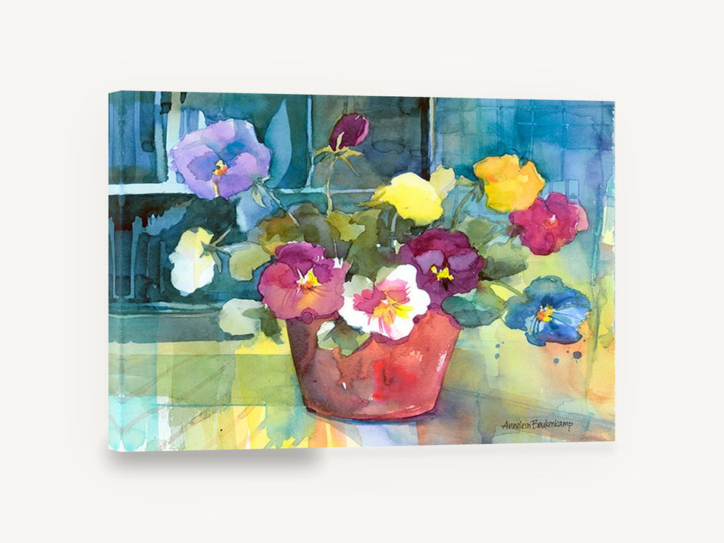 Pansies in Terracotta, potted pansies watercolour floral, floral canvas wall art print ready to hang